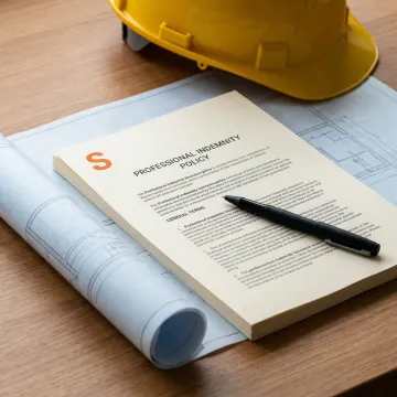 Insurance documents and a hard hat placed on a desk with blueprints.