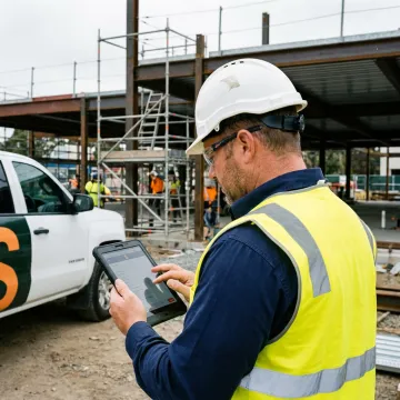 A health and safety consultant inspecting a construction site.