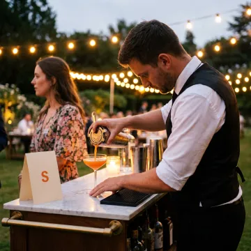 A professional mobile bartender serving cocktails at an outdoor event, with insurance coverage icons overlaid.
