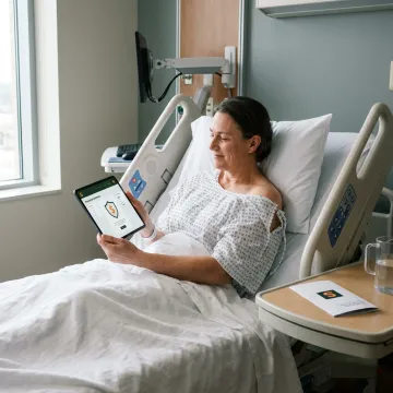 A patient recovering in a hospital bed, with a transparent shield icon symbolizing financial protection.