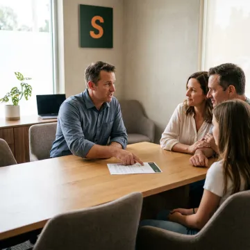 A smiling family reviewing an insurance document with a Soma agent in a bright office.