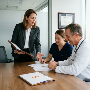 A team of diverse healthcare professionals standing together in a hospital.