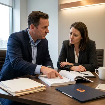 An attorney and client discussing a cyber liability insurance claim process.