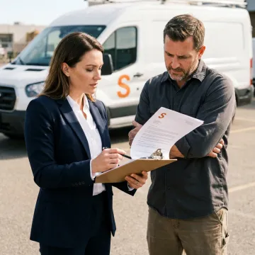 An insurance expert discussing a policy with a contractor in front of his work van.