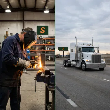 A split image showing an artisan contractor and a commercial truck, representing artisan and truck insurance.