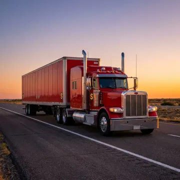 A modern semi-truck driving on a highway at sunset, representing the trucking industry.