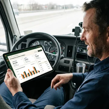A truck driver in their cab reviewing industry data and analytics on a tablet.