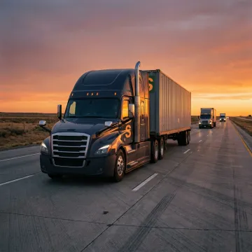 A semi-truck driving on a highway at sunset, representing motor truck cargo insurance.
