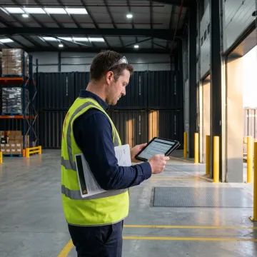 Warehouse worker scanning a manifest with stacked cargo containers in the background.