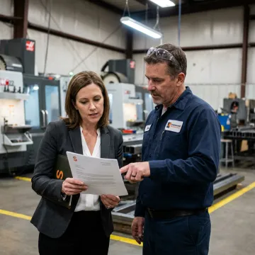 Insurance professional reviewing a policy with a factory manager in a manufacturing setting.
