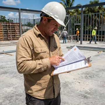 A general contractor at a Palm Beach County construction site reviewing insurance documents.