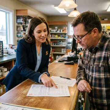 An insurance agent discussing a policy with a small business owner in their shop.