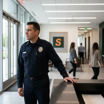 Professional security guard in uniform standing confidently in a modern office lobby in San Jose.