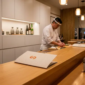 A modern and clean sushi restaurant interior with a chef preparing food.