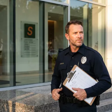 A security guard in uniform standing in front of a modern building in Florida.