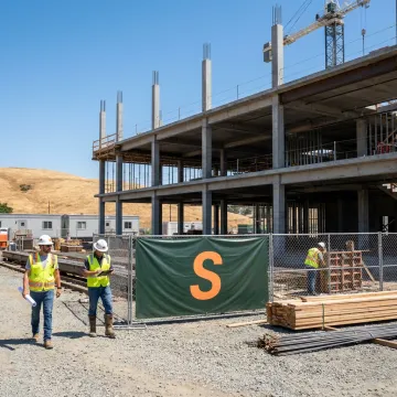 A modern construction site in Novato, CA, showcasing a building under construction with safety measures in place.
