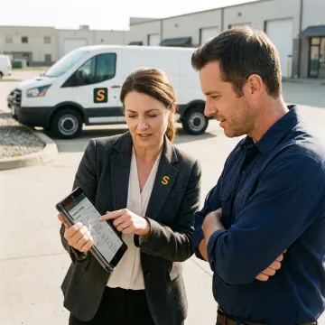 An insurance agent discussing a business auto policy with a sole proprietor in Texas.