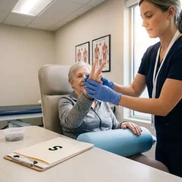 Occupational therapist assisting a patient with rehabilitation exercises in a bright Florida clinic.