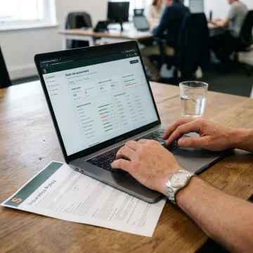 A risk management expert analyzing business data on a computer to create a custom insurance plan.