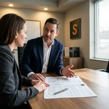 An insurance broker discussing a policy with a business owner in a modern office.
