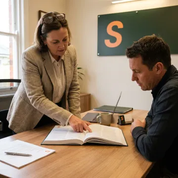 Insurance agent discussing a policy with a security company owner.