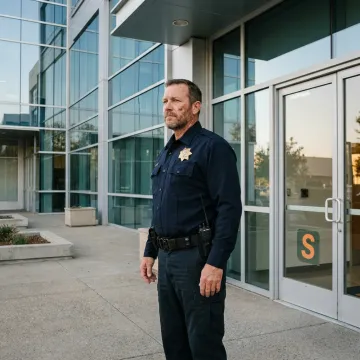 A professional security guard in uniform standing watch in Sacramento.