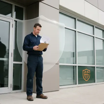 A property maintenance professional confidently standing in front of a well-kept commercial building, with a shield icon symbolizing insurance protection.