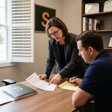 An insurance expert from Soma discussing a custom policy with a property maintenance business owner in their office.