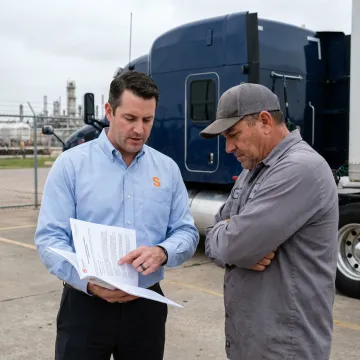 An insurance agent discussing a policy with a truck driver in Texas City.