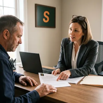An insurance agent discussing a truck insurance policy with a client in an office.