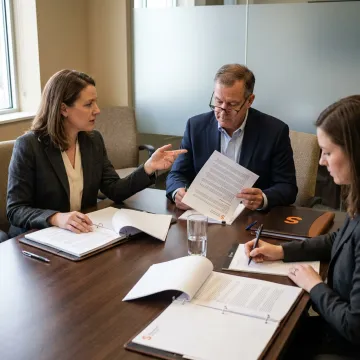 A corporate legal team discussing a case in a modern office boardroom.