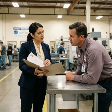 An insurance expert reviewing blueprints in a manufacturing plant.