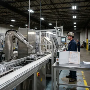 A modern manufacturing facility with robotic arms assembling a product, representing the manufacturing insurance services offered.