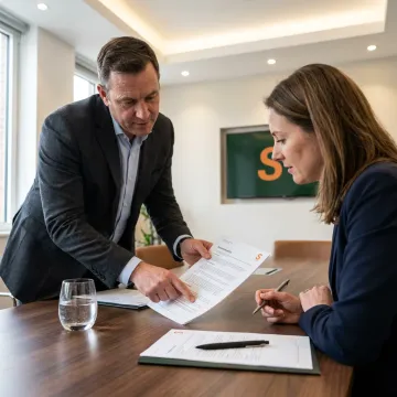 An insurance agent reviewing a commercial auto policy with a small business owner in their office.