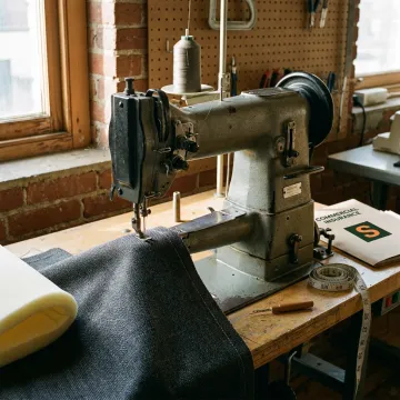 Close-up of an upholsterer using a specialized sewing machine on a piece of fabric.