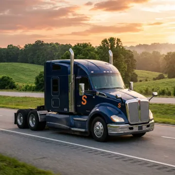 A commercial truck driving on a highway in South Carolina at sunset.