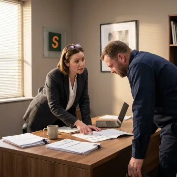 Insurance broker discussing a policy with a truck driver in an office.
