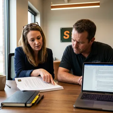 An insurance agent discussing a policy with an auto body shop owner in his office.