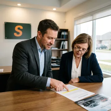 An insurance agent discussing a policy with an auto dealership manager in an office.