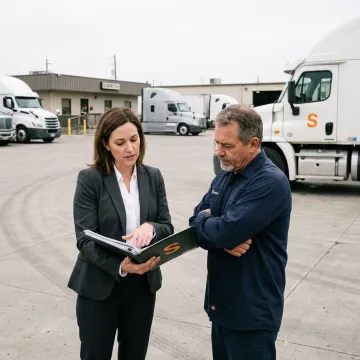 An insurance agent discussing a trucking insurance policy with a truck driver in Laredo.