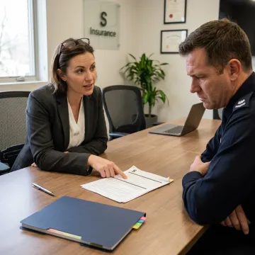 An insurance agent discussing a policy with a security company owner.