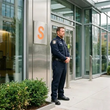A professional security guard standing confidently, covered by a comprehensive insurance policy.