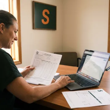 Insurance advisor reviewing trucking policy documents