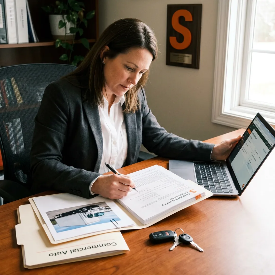Insurance advisor reviewing box truck coverage documents