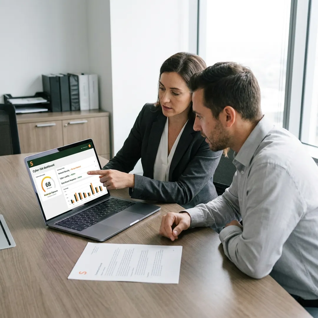 Cyber insurance advisor reviewing business data protection coverage