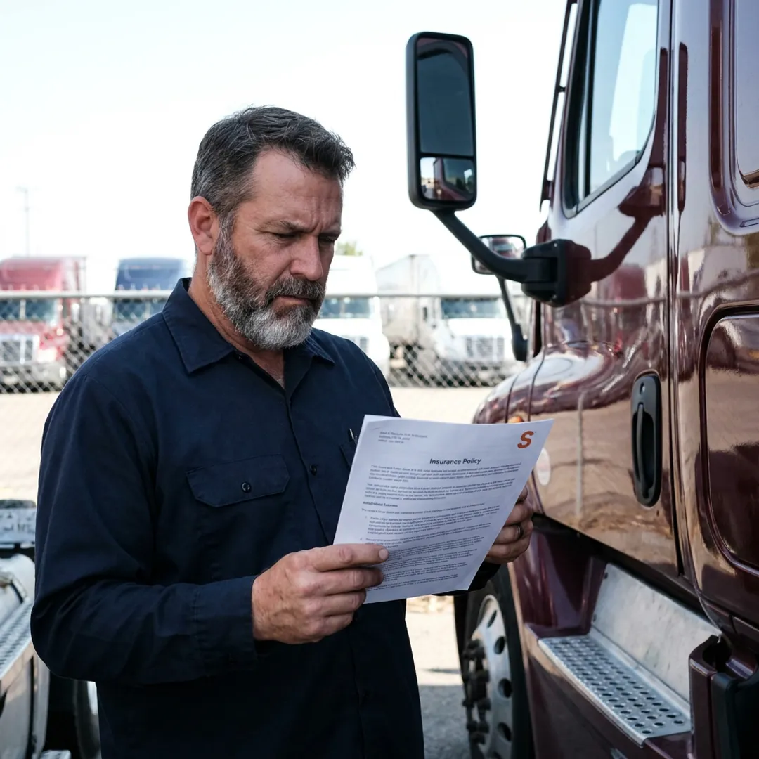 Semi truck parked while owner-operator reviews insurance coverage