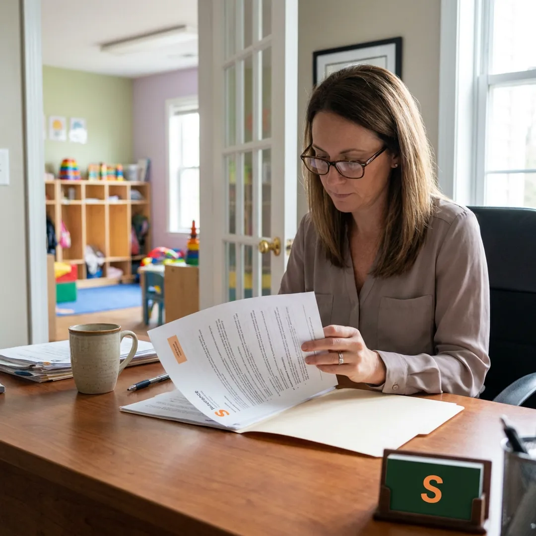 Daycare director reviewing insurance documents