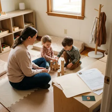 In-home daycare provider with children and insurance documents