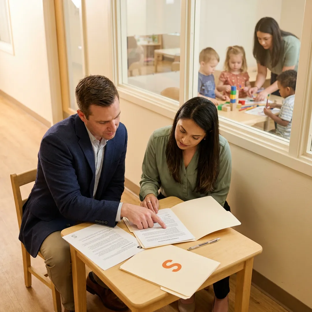 Daycare director reviewing insurance documents