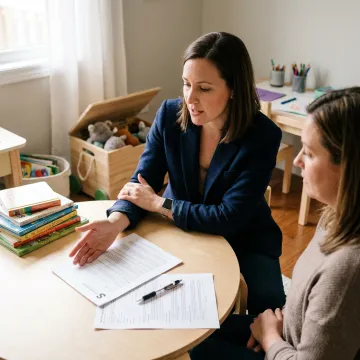 Insurance advisor reviewing in-home daycare coverage